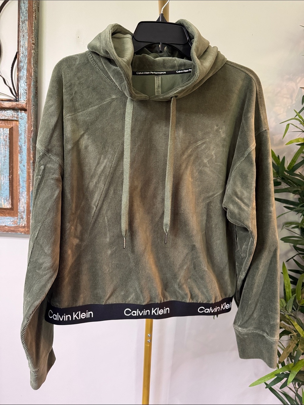 Calvin Klein Olive Green Velour corduroy Cropped Hoodie EUC XL